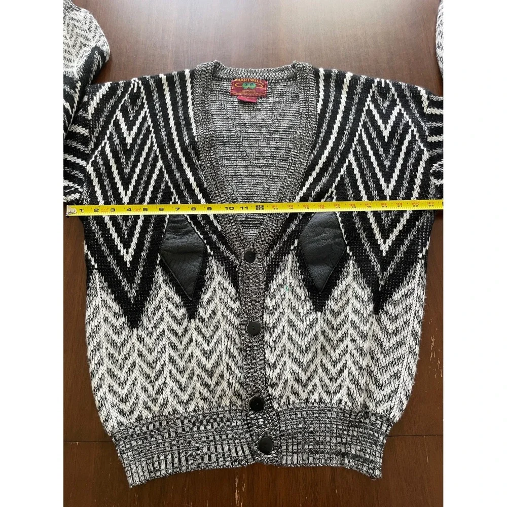 Vintage Chartwell Mens‎ Large Black White Chevron Knit Cardigan Leather Trim L